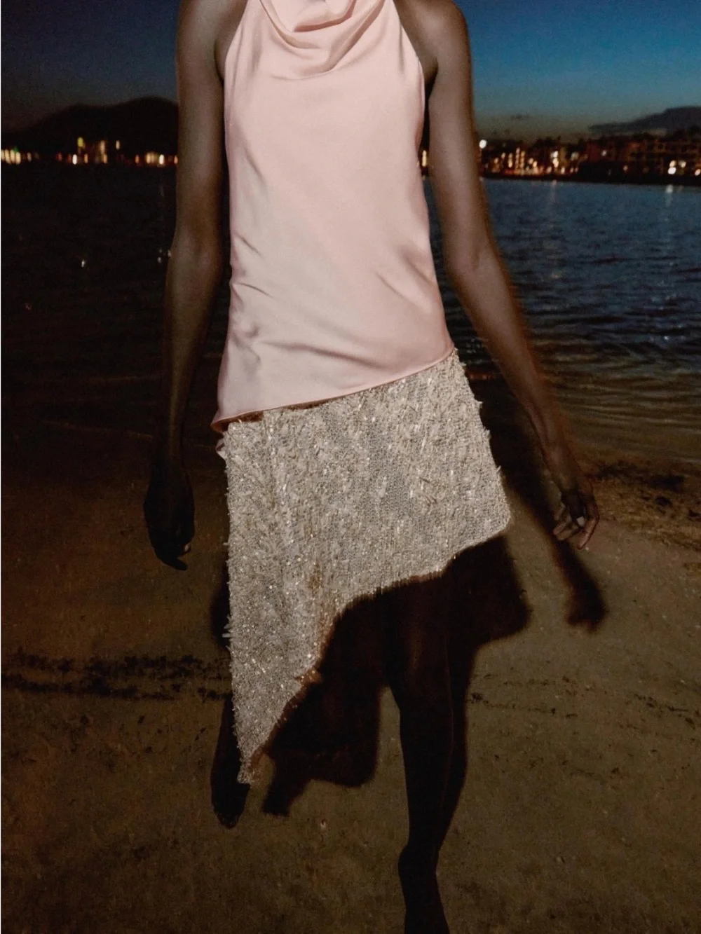 Zara Pink Top with Champagne Asymmetrical Sequin Skirt
